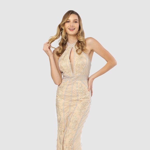 NEW LONG SLEEVELESS MERMAID DRESS WITH HALTER NECKLINE AND ZIPPER BACK NX T260